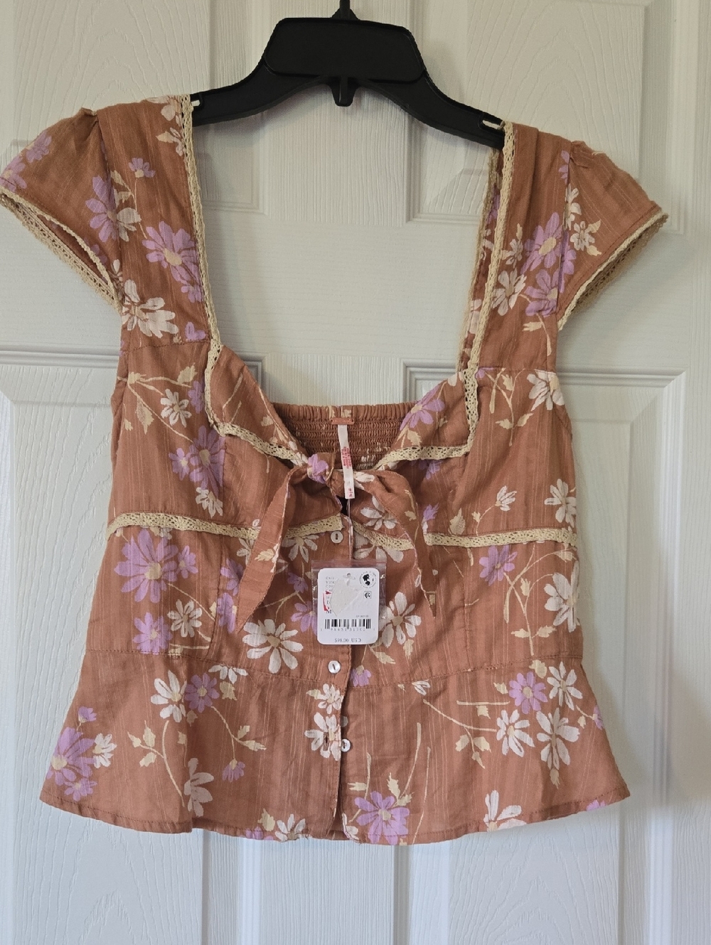 Free People Rust Floral Tie-Front Cap Sleeve Top with Lavender & Cream